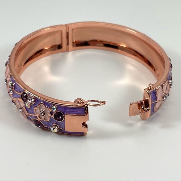 Danbury Mint Cherry Blossom Copper Magnet Bangle Bracelet Hinged Enamel Purple - Picture 5 of 8